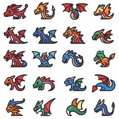 Obraz premium Dragons icon silhouette, dino, wyvern symbols, dinosaurs isolated, mythical monster, minimal flat tattoo