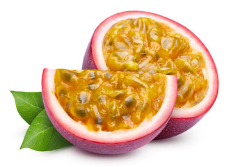 Passion fruit Isolated with leaf. Passion maracuya fruit on white background with clipping path. As design element