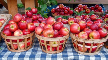 Fresh Red Apples in Baskets at Farmers Market Display