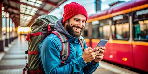 Fototapeta premium Smiling Man with Backpack at Train Station
