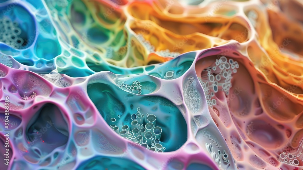 Poster iridescent rubber sheets in colorful cellular formations