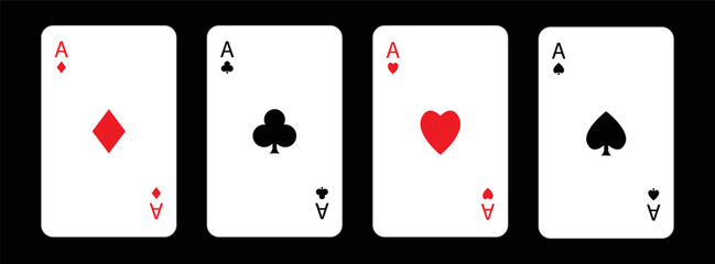 Four aces icon. Poker cards suits. Playing card set. Hearts, clubs, diamonds, spades ace. Winning poker hand. Las Vegas Casino gambling concept. Simple flat design. Black background. Isolated. Vector