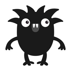 Cute monster icon. Scary face head. Eyes, fang tooth, horns, hair, hands. Black silhouette. Cartoon boo spooky kawaii funny baby character. Happy Halloween. Flat design. White background. Vector