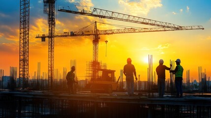 Industrial workers operating heavy machinery in a large construction site. The image shows the teamwork and coordination required for large-scale projects. The background includes cranes,