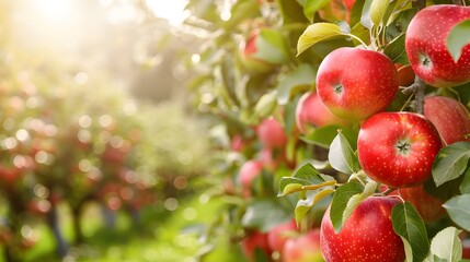 Obraz premium Close-up of ripe red apples hanging from a tree in a sunlit orchard, showcasing the freshness and abundance of the harvest season.