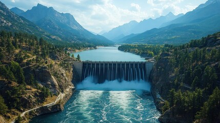 A wide-angle shot of a hydroelectric dam with water flowing through the turbines. The image highlights renewable energy production and the engineering marvels involved in harnessing natural
