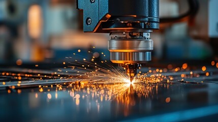 A close-up of a CNC machine cutting metal with precision in a modern workshop. The image highlights the advanced technology used in manufacturing and the intricate details of the machining process.