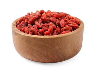 Dried goji berries in bowl isolated on white
