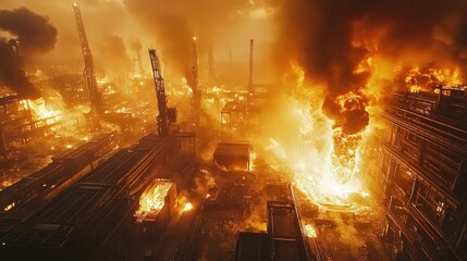 A wide-angle shot of a large steel mill with molten metal being poured into molds. The image captures the intense heat and energy involved in metal production. The background includes various