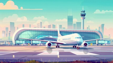 International airport building with airplane, terminal, gate, runway and city landscape. Very nice vector cartoon illustration