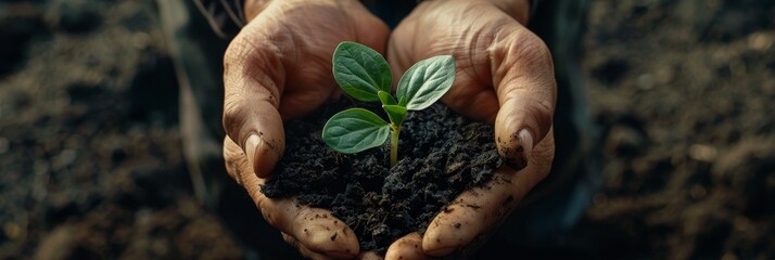 Plant in hands, young sprout, new plant growing in soil, organic farming, environment care, earth day