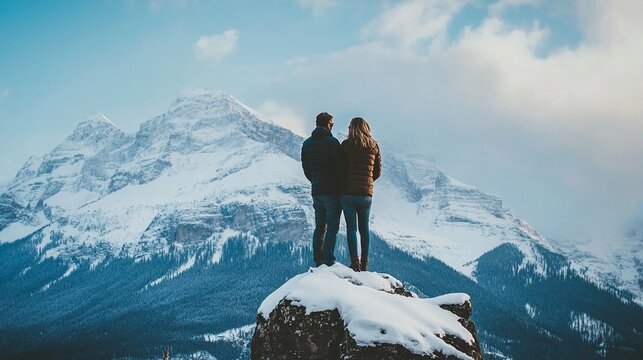 Couple taking a photo with a mountain backdrop
