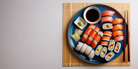 Assorted Sushi Platter with Chopsticks and Soy Sauce on Wooden Background