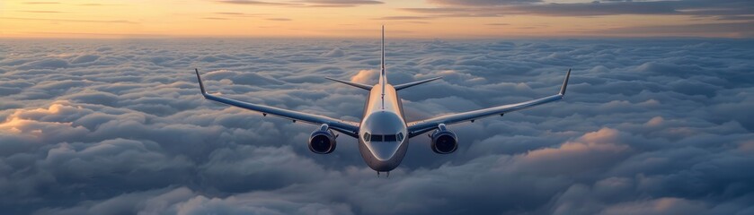 Airplane Flying Above Clouds at Sunset with Beautiful Sky and Sunlight