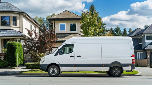 Commercial van delivers cargo to suburban custmers. Shipping parcels goods and orders in the countryside. Light duty truck