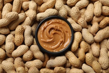 Tasty peanut butter in bowl among groundnuts, flat lay