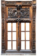 Old window isolated, antique door, wood shutters, vintage wooden windows, closed wardrobe