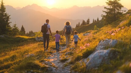 Family enjoying a break on a mountain path