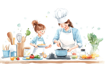 Watercolor illustration of a mother and daughter cooking together in the kitchen, emphasizing family bonding, cooking, and togetherness.