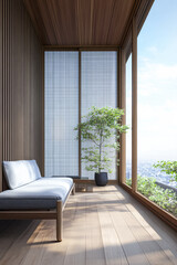Fototapeta premium Oriental inspired modern interiors design composition in warm beige colors with minimal furniture. Contemporary architectural property interiors.