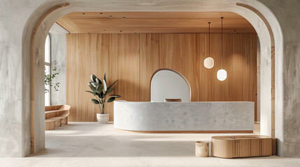 Stylish minimalist interior of a hotel lobby or reception area for a beauty salon, spa or private medical clinic with a marble counter	