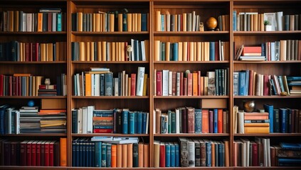 Wooden bookshelf filled with colorful books. Literature, education, and knowledge concept.