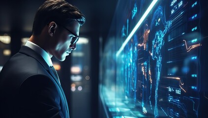 Businessman in suit and eyeglasses using a futuristic transparent touch screen interface to analyze financial data and global markets. 
