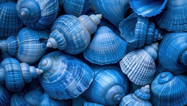 A collection of blue seashells in various shapes and sizes. The shells are arranged in a random pattern, creating a visually interesting texture.