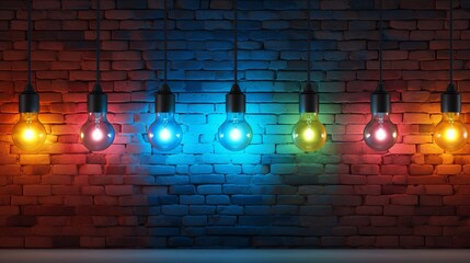 Vibrant hanging colorful light bulbs on a brick wall. Generated AI