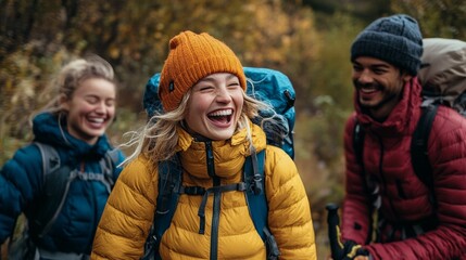 Friends laughing and having fun on a hike