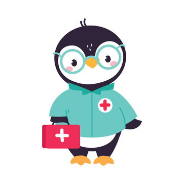 Penguin Animal Work in Ambulance and Hospital Vector Illustration