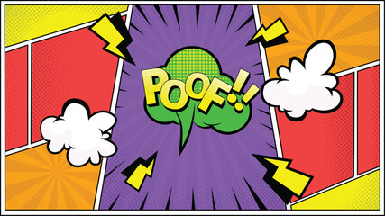 colorful pop art comic background illustration with bubble text poof!
