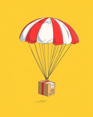 A isometric package being lowered down in the style of parachute, simple vector style, bright yellow background, red and white striped parachute, cardboard box with label on it, cartoonish style,