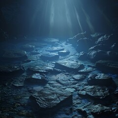 Blue spotlight on wet rock floor with stones in dark background with little sunlight