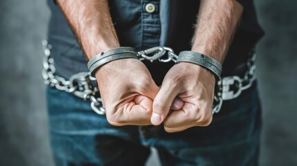 A close-up view of shackled hands, symbolizing confinement and restriction, against a textured background. Captures a serious mood.