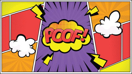 colorful pop art comic background illustration with bubble text poof!