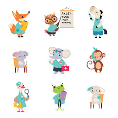 Animal Work in Ambulance and Hospital Vector Set