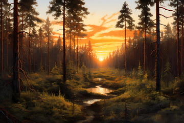 Fototapeta premium Mysterious forest at sunset. Oil painting.