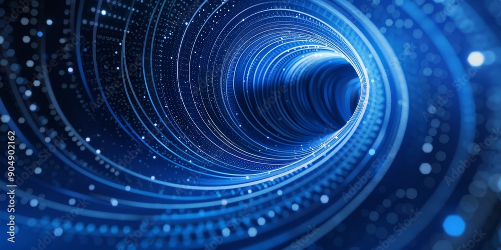 Poster abstract blue data tunnel with spiraling lines and glowing points representing digital connectivity.