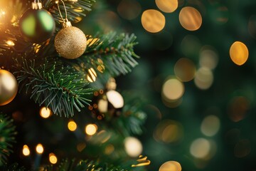 Obraz premium A beautifully decorated Christmas tree with golden ornaments and soft lights, creating a warm and festive atmosphere.
