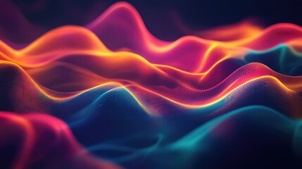 Obraz premium Bright 3D waveforms on a dark background, forming a colorful abstract pattern.