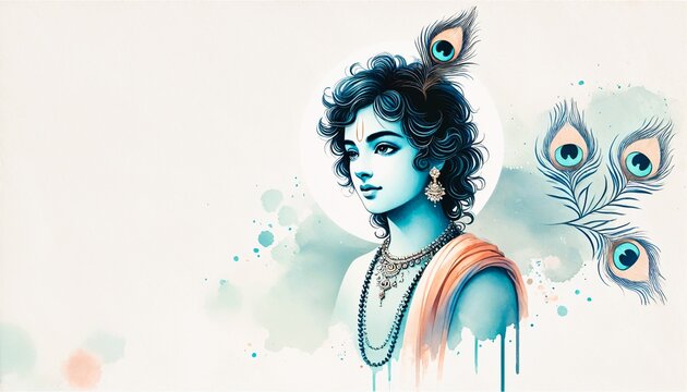 Watercolor illustration for janmashtami with lord krishna portrait and copy space.