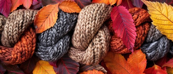 Colorful autumn leaves and cozy knitted scarves artfully arranged to celebrate the fall season in this vibrant stock photo.