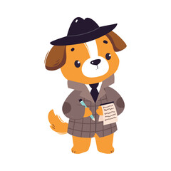 Dog Animal Detective Character Investigating and Search for Evidence Vector Illustration