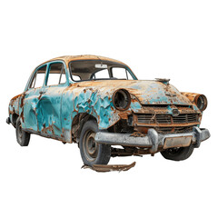 Rusty old car, abandoned and decaying, showing the effects of time and neglect