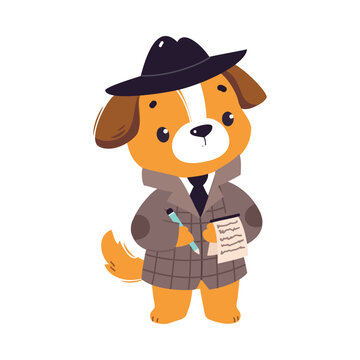 Dog Animal Detective Character Investigating and Search for Evidence Vector Illustration