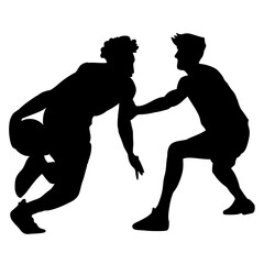 Silhouette image of two people playing basketball on a white background, usually for icons, logos, banners, advertisements