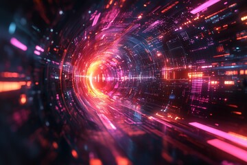 Obraz premium The Dawn of Digital Transformation: A Journey Through a Neon Light Tunnel