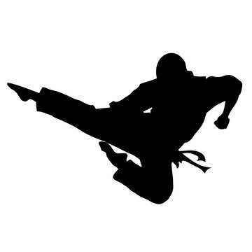 Silhouette of a taekwondo athlete performing the Twieo Ap Chagi kick or flying kick on a transparent background