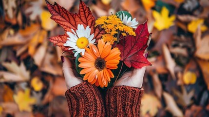 Hands holding a bouquet of autumn leaves and colorful flowers against a background of fallen leaves, depicting a vibrant fall season scene.